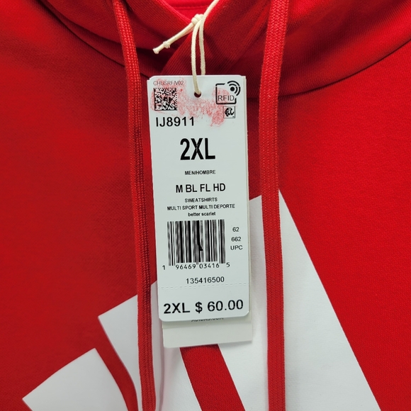 Adidas Big Logo Pullover Athletic Hoodie Mens 2XL XXL Red White Cotton IJ8911 - Picture 6 of 8